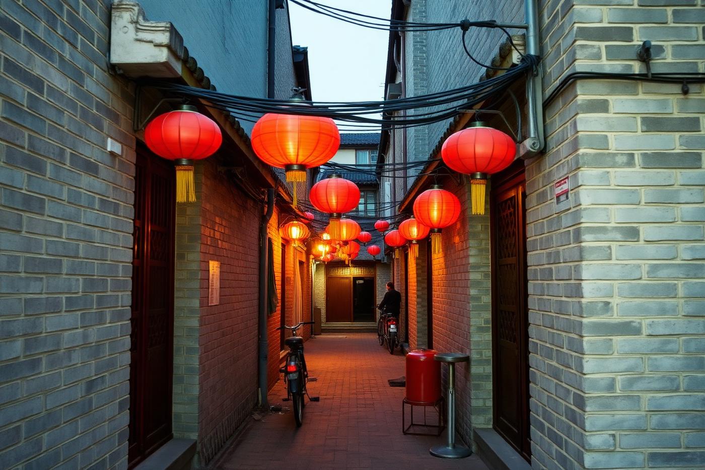 Carreró hutong de Beijing amb fanalets vermells al capvespre