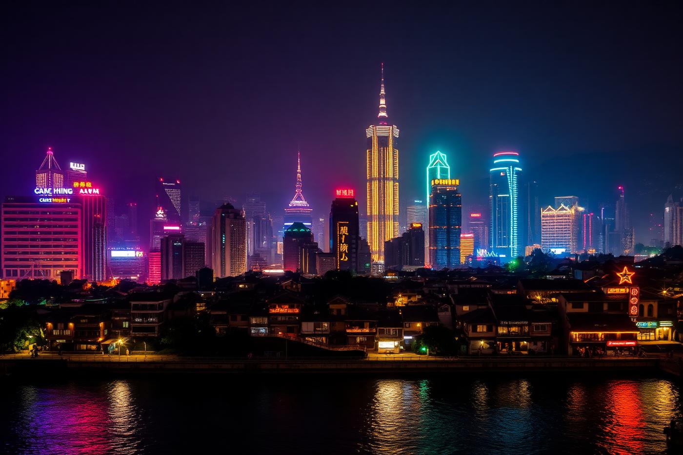 Horitzó nocturn de Chongqing ple de neons reflectits al riu