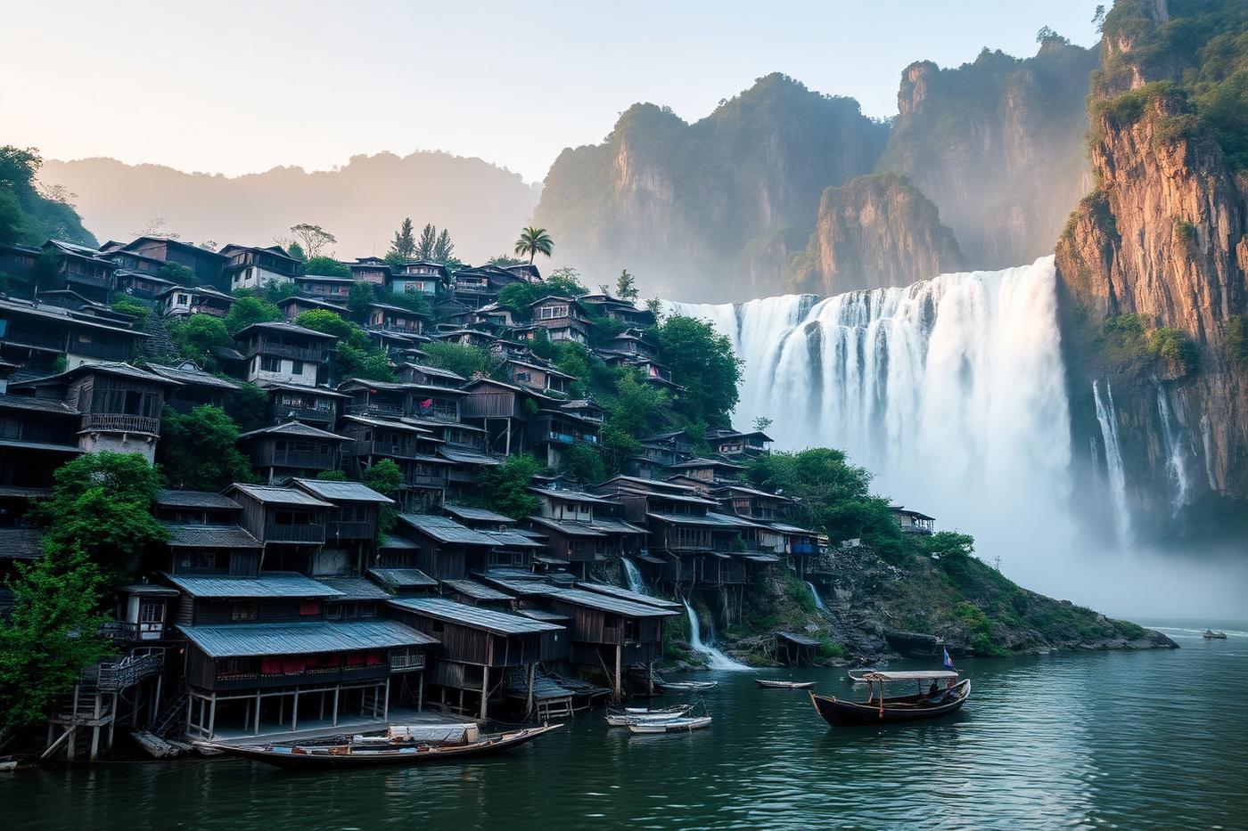 La cascada de Furong entre cases tradicionals de fusta