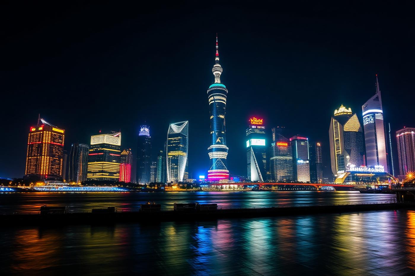 El Bund de Shanghai de nit amb els gratacels de Pudong