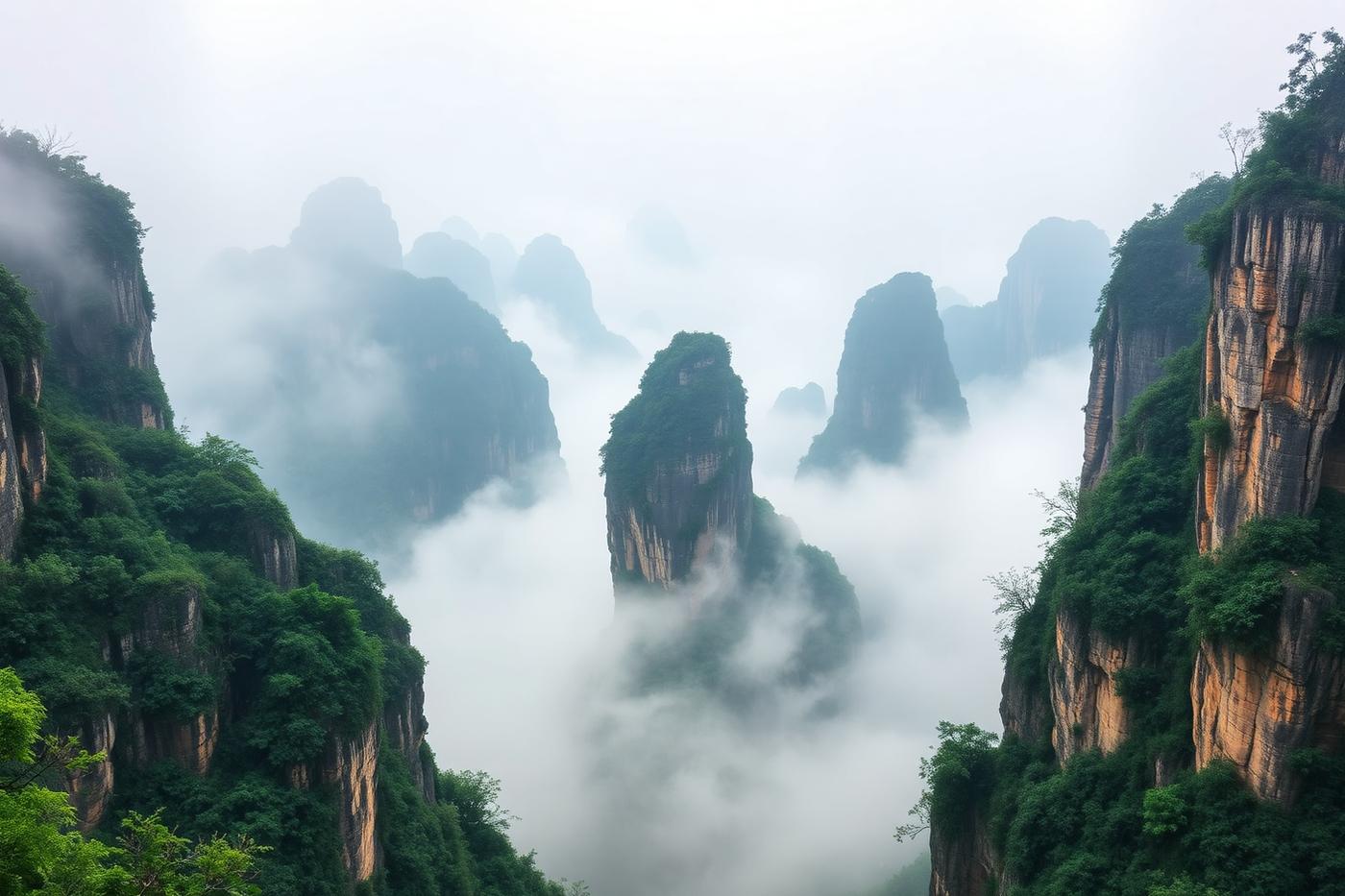Pilars de pedra de Zhangjiajie sortint de la boira